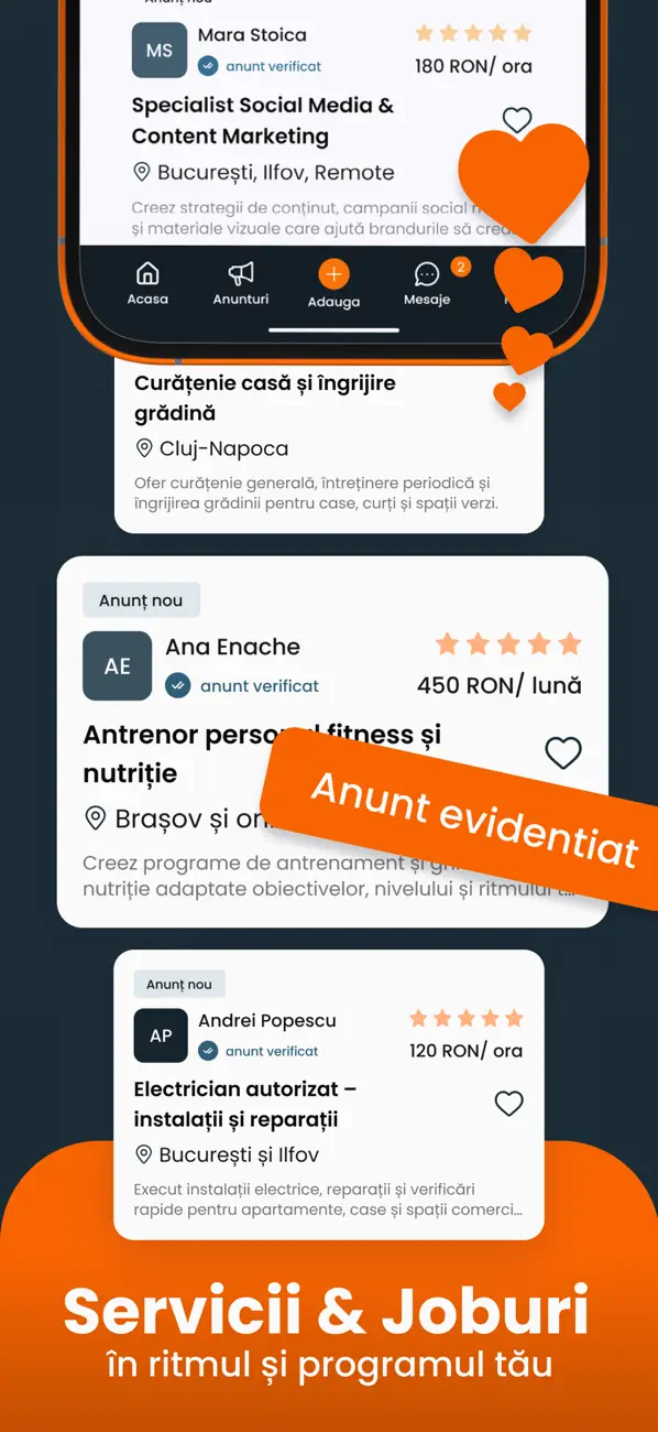 Lista de anunțuri din aplicația DeLucru