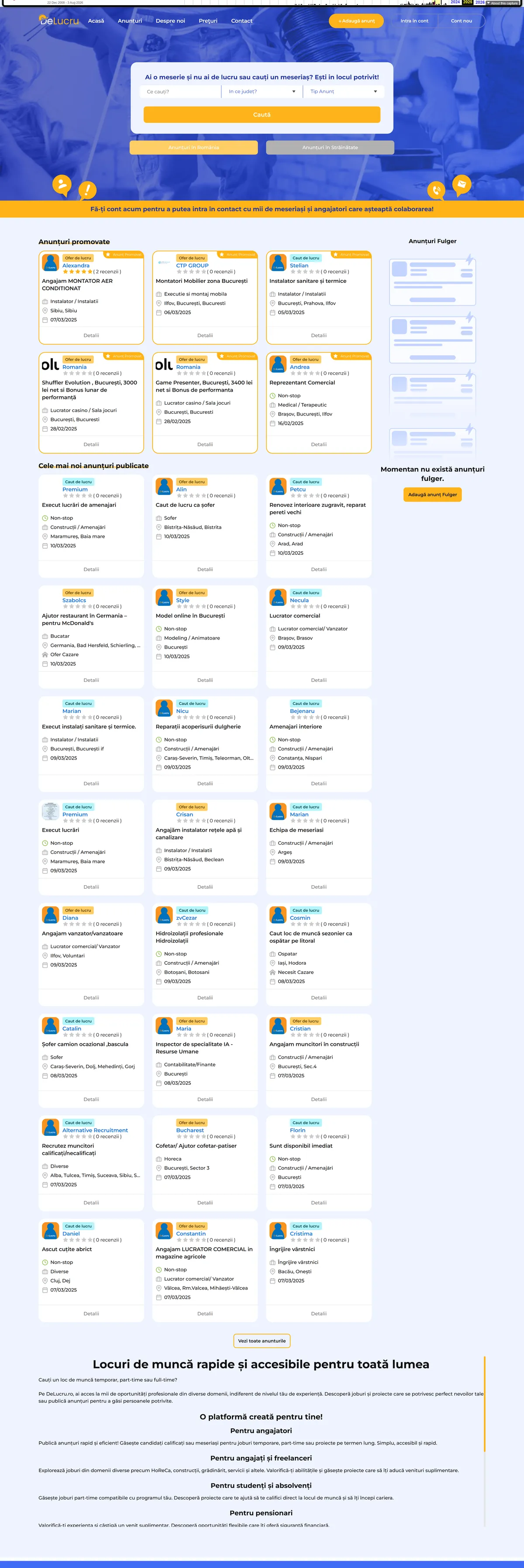 Pagina principală a website-ului WordPress DeLucru, captură din arhiva web