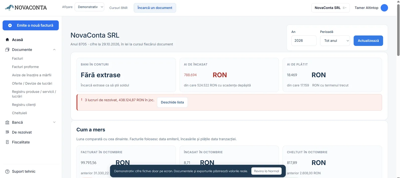 Panoul Nova Conta cu sumarul firmei, încasările și documentele de rezolvat