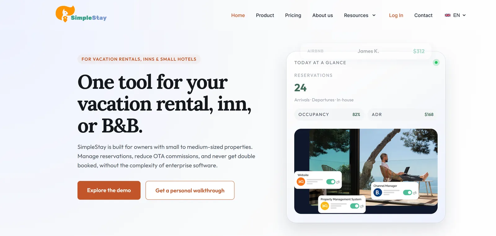 Pagina principală SimpleStay, cu panoul de rezervări al proprietății